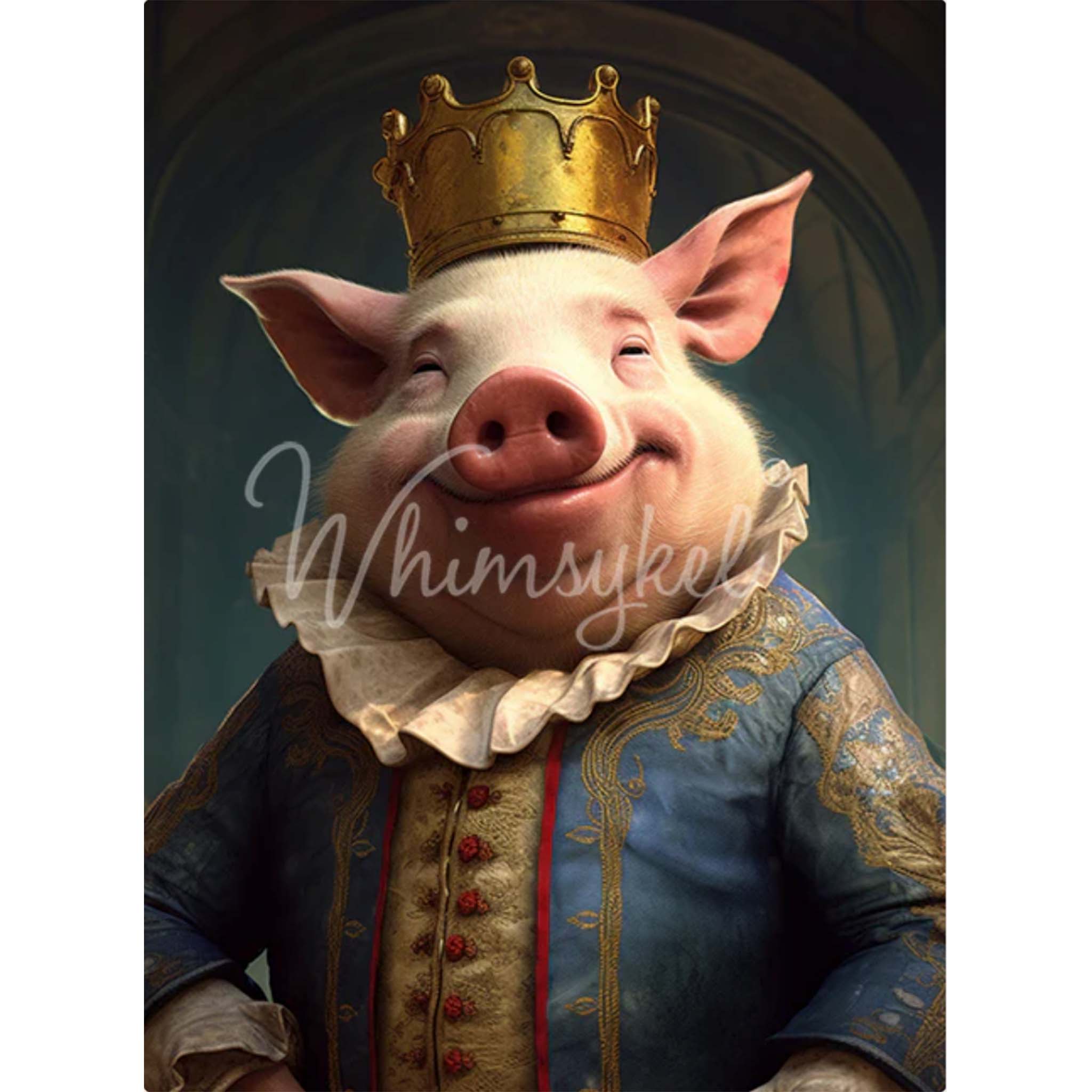 Tissue paper design featuring a grinning pig wearing a golden crown, donning luxurious garments fit for royalty. White borders are on the sides.