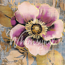 Close-up of a tissue paper design featuring a large purple flower blooms surrounded by gold colored foliage against a pale blue canvas backdrop.