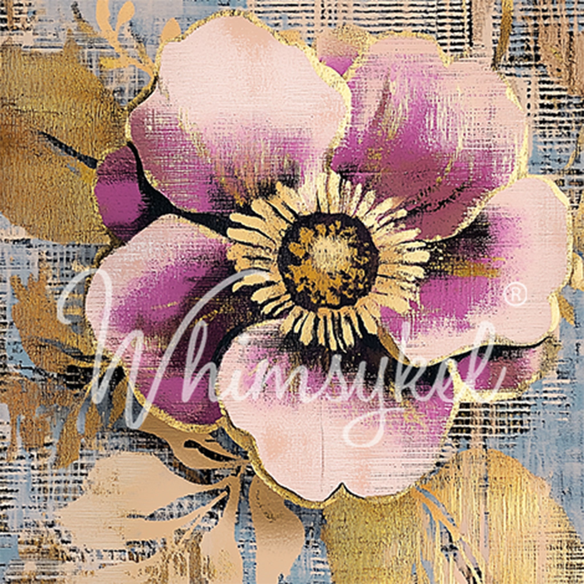 Close-up of a tissue paper design featuring a large purple flower blooms surrounded by gold colored foliage against a pale blue canvas backdrop.