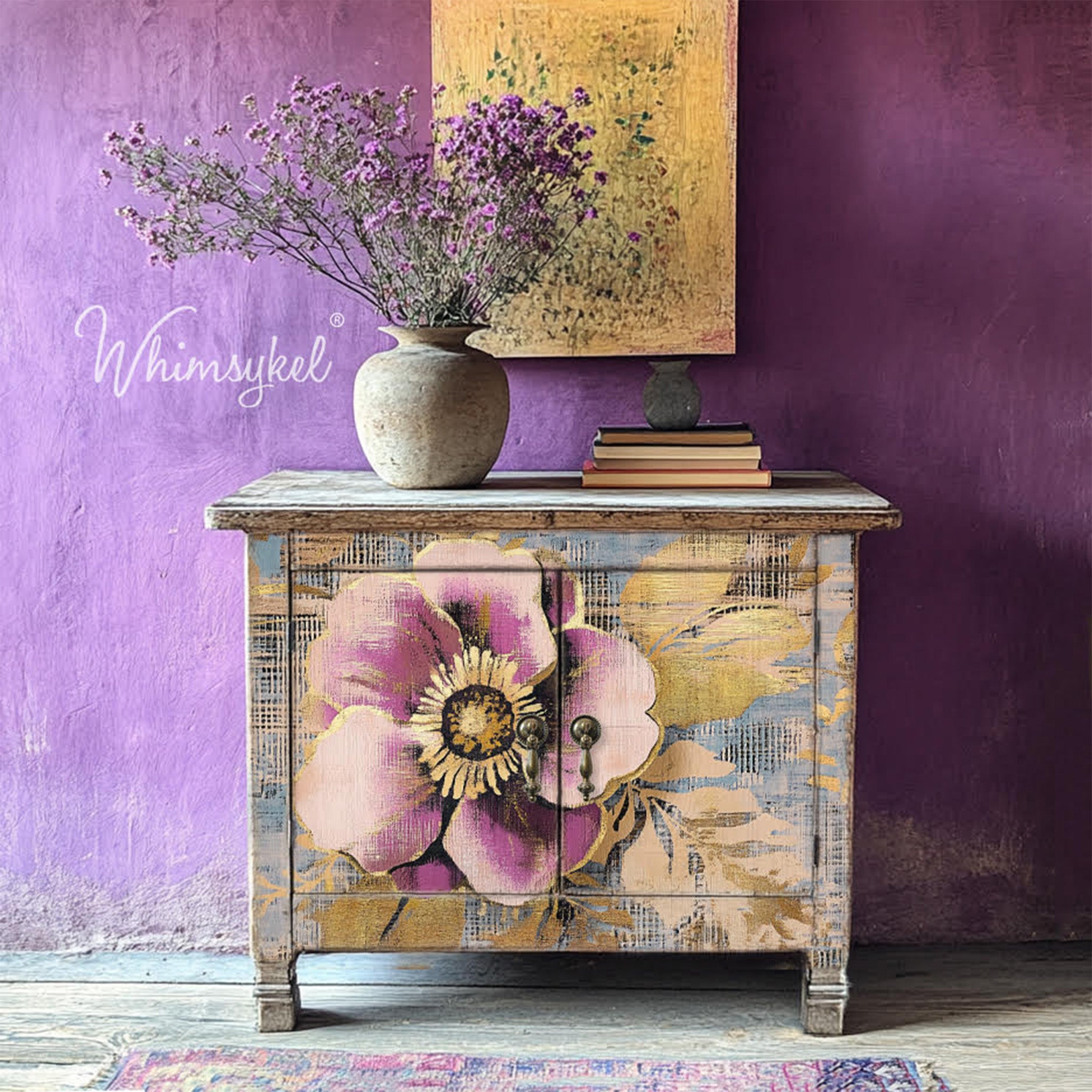 A vintage small buffet cabinet features Whimsykel's Lavender Petals tissue paper on the front.