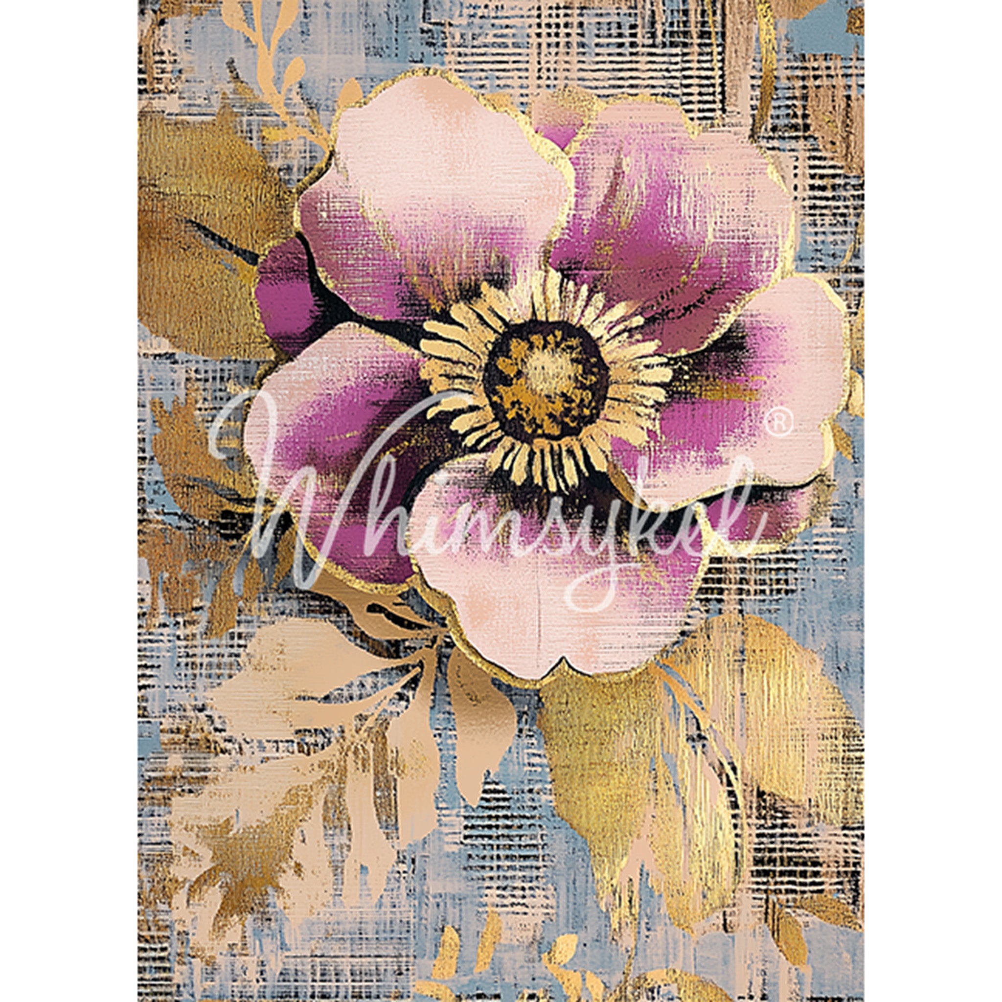 Tissue paper design featuring a large purple flower blooms surrounded by gold colored foliage against a pale blue canvas backdrop. White borders are on the sides.