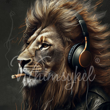 Close-up of a tissue paper featuring a regal lion decked out in a leather jacket, headphones, and smoking a cigar.