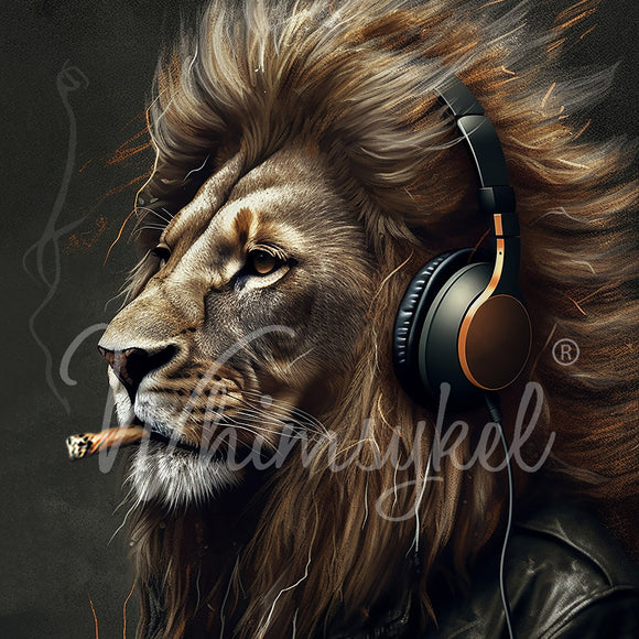 Close-up of a tissue paper featuring a regal lion decked out in a leather jacket, headphones, and smoking a cigar.