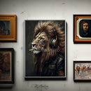 Framed artwork of a lion wearing headphones and a leather jacket on a wall with other framed pictures.