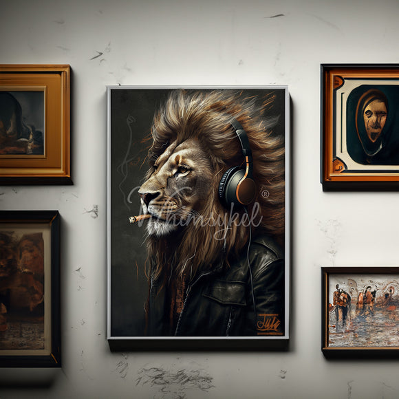 Framed artwork of a lion wearing headphones and a leather jacket on a wall with other framed pictures.