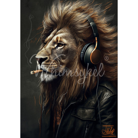 Tissue paper featuring a regal lion decked out in a leather jacket, headphones, and smoking a cigar.