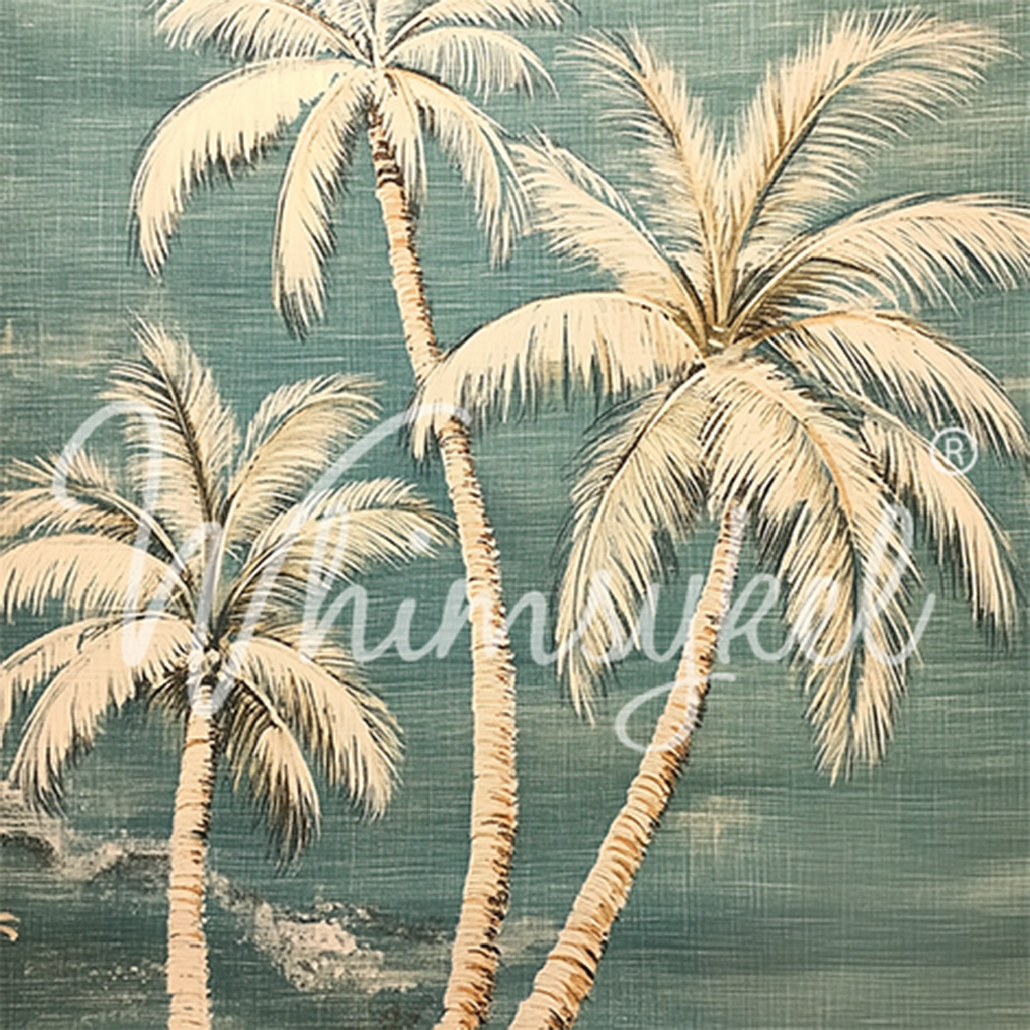Close-up of a tissue paper featuring a tropical coastal design with softly painted palm trees against a linen textured muted teal backdrop. 