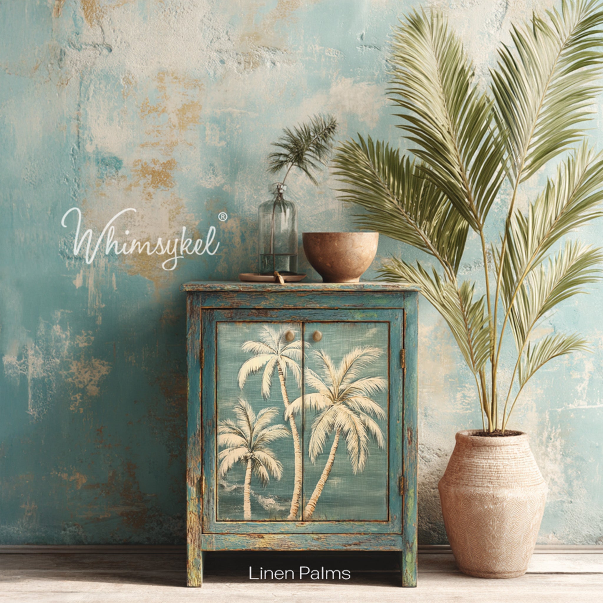 A vintage console cabinet has weathered teal blue paint and features Whimsykel's Linen Palms tissue paper on its 2 doors.