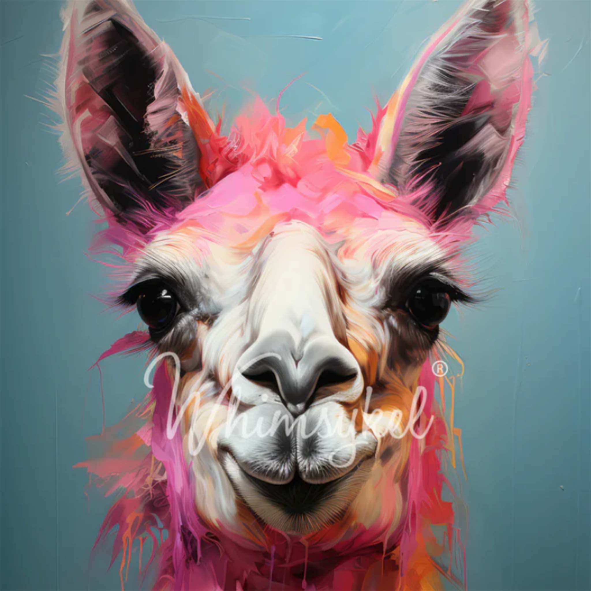 Close-up of a tissue paper design featuring a playful llama in bright pink and orange against a light blue background.