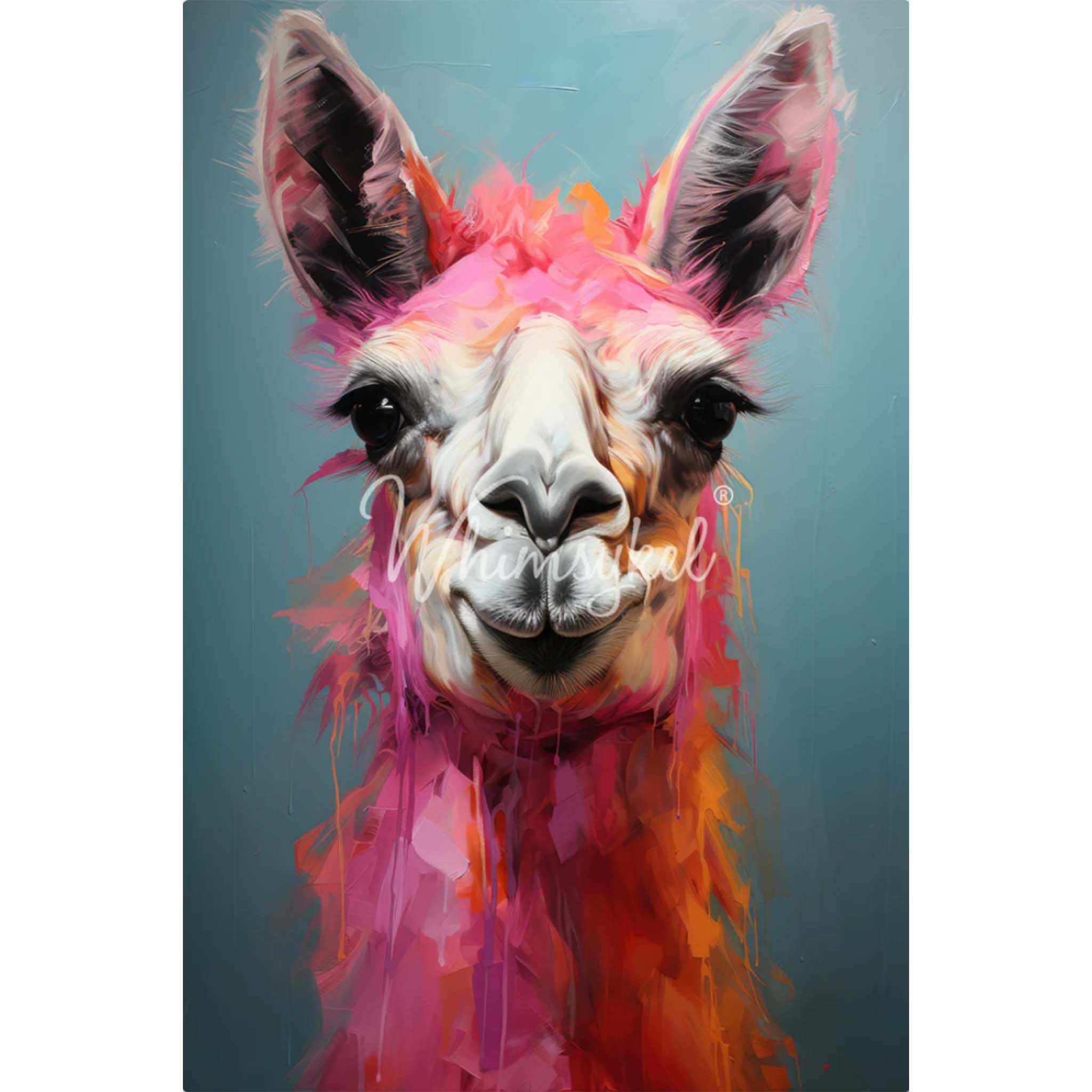 Tissue paper design featuring a playful llama design in bright pink and orange against a light blue background. White borders are on the sides.