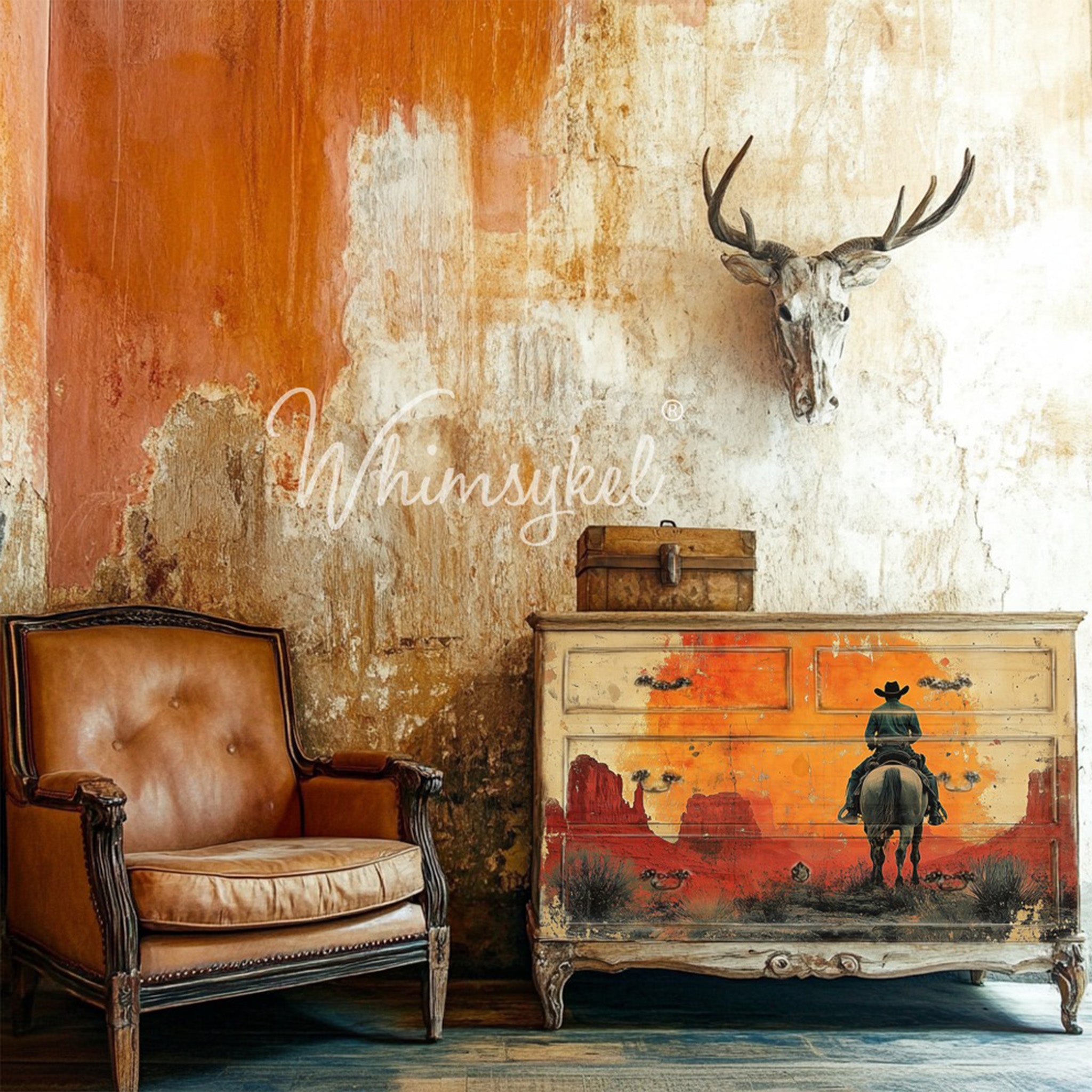 A vintage 4-drawer dresser features Whimsykel's Long Road Home tissue paper on the front. An old brown leather chairs sits to the left and a deer skull is above the dresser.