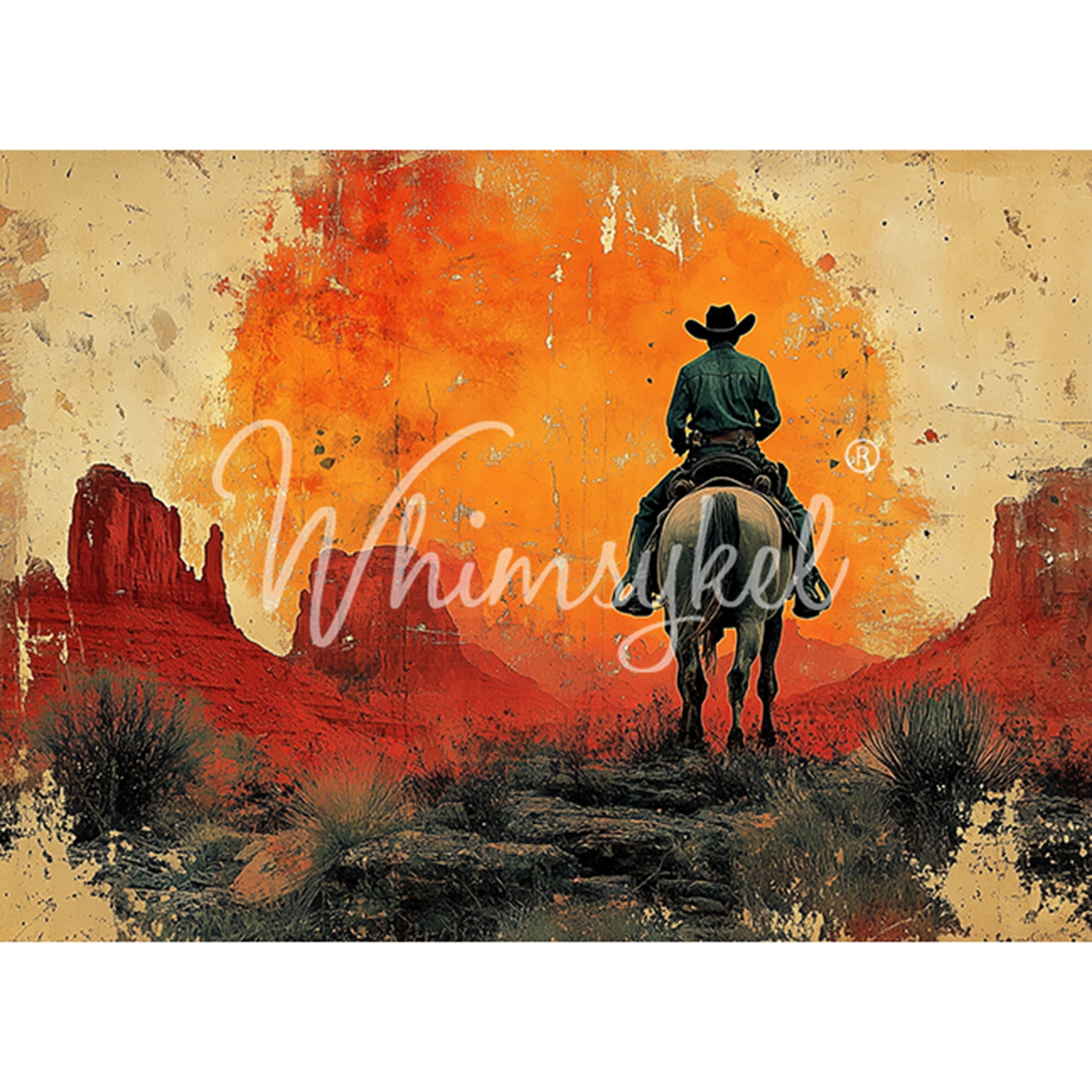 Tissue paper design of a cowboy riding off into an orange sunset in the desert. White borders are on the top and bottom.