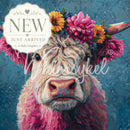 Close-up of Whimsykel Magenta Moo decoupage paper showing the Highland cow face, flower crown and colorful painted detail