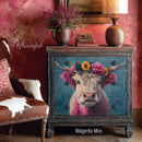 Whimsykel Magenta Moo tissue decoupage paper shown on a dresser for a colorful western furniture makeover