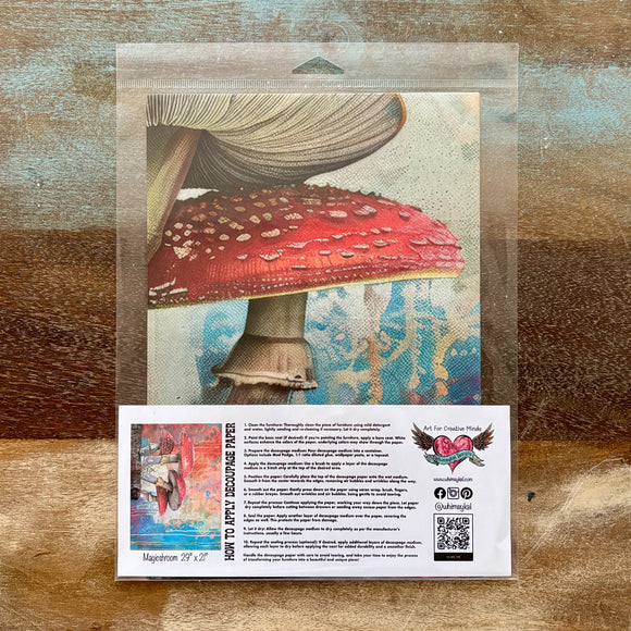A package of Whimsykel's Magicshroom tissue paper is against a wood background.