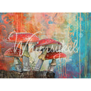 Tissue paper featuring vibrant red-capped mushrooms set against a kaleidoscope of textures, patterns, and dreamy hues of blues and orange.