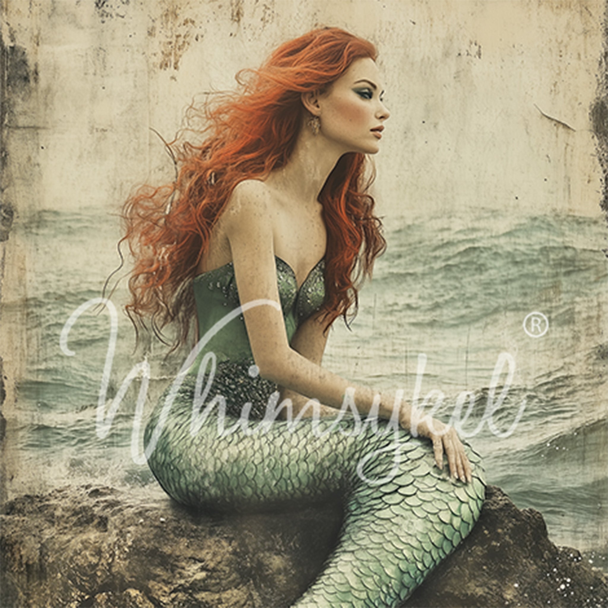 Close-up of a tissue paper featuring a grunge style design of a red-haired mermaid sitting on a rock with the ocean surrounding her.