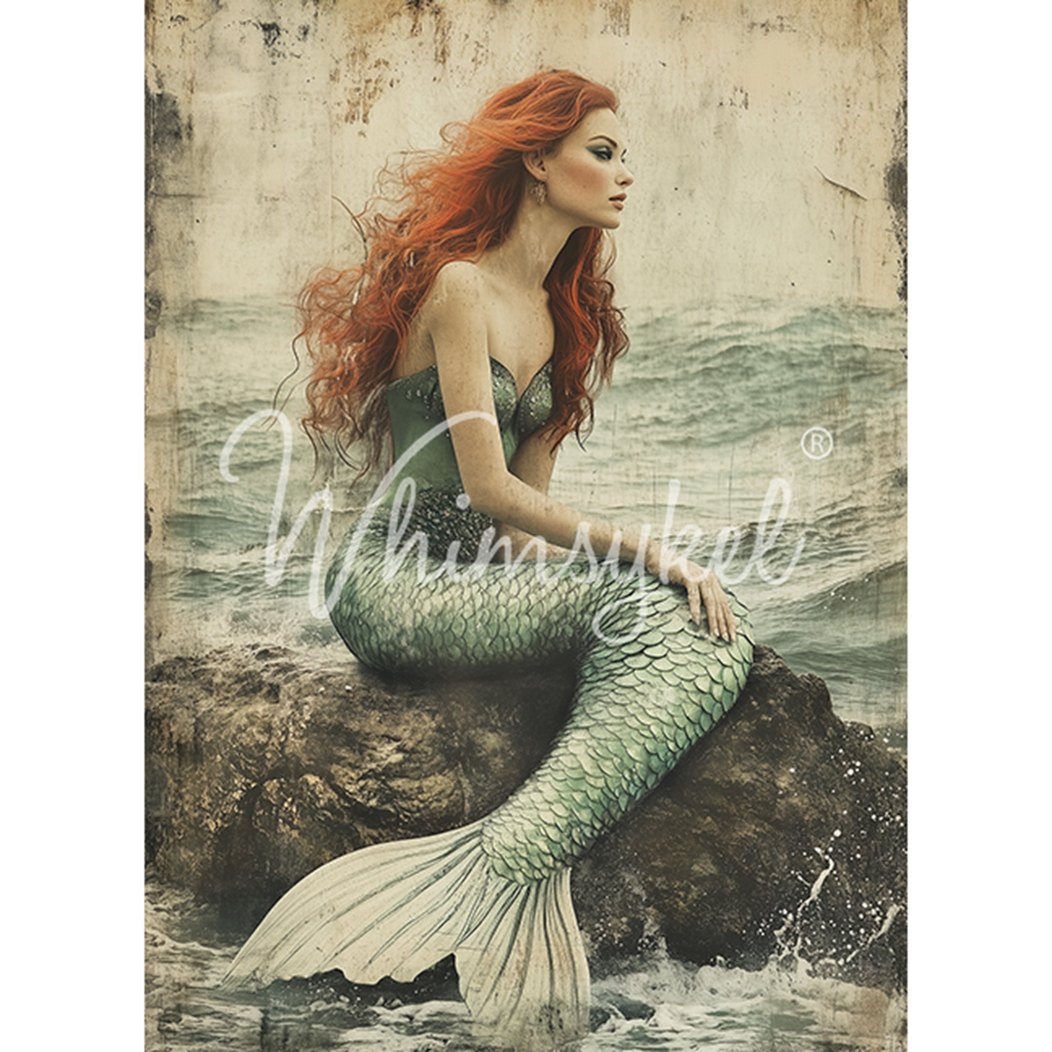 Tissue paper featuring a grunge style design of a red-haired mermaid sitting on a rock with the ocean surrounding her. White borders are on the sides.