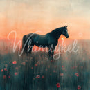 Close-up of a tissue paper featuring a majestic horse standing peacefully in a field of poppies as the sky glows with the soft hues of sunset.