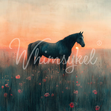 Close-up of a tissue paper featuring a majestic horse standing peacefully in a field of poppies as the sky glows with the soft hues of sunset.