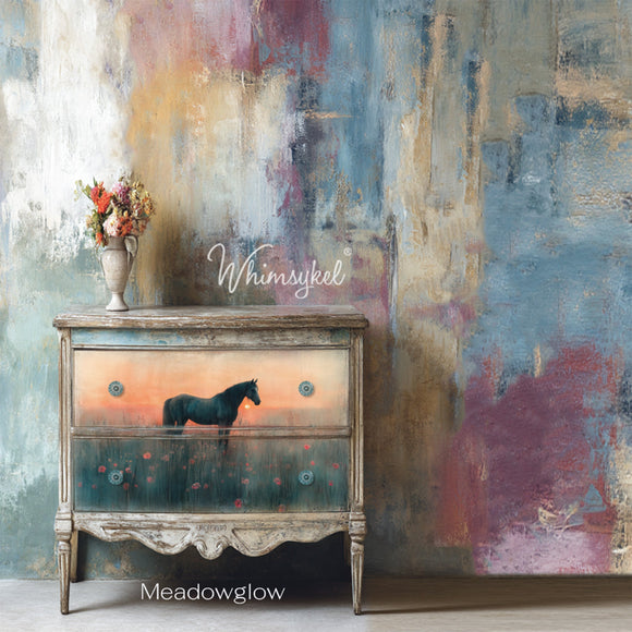 A vintage 2-drawer night stand has whitewashed wood and features Whimsykel's Meadowglow tissue paper on the drawers.