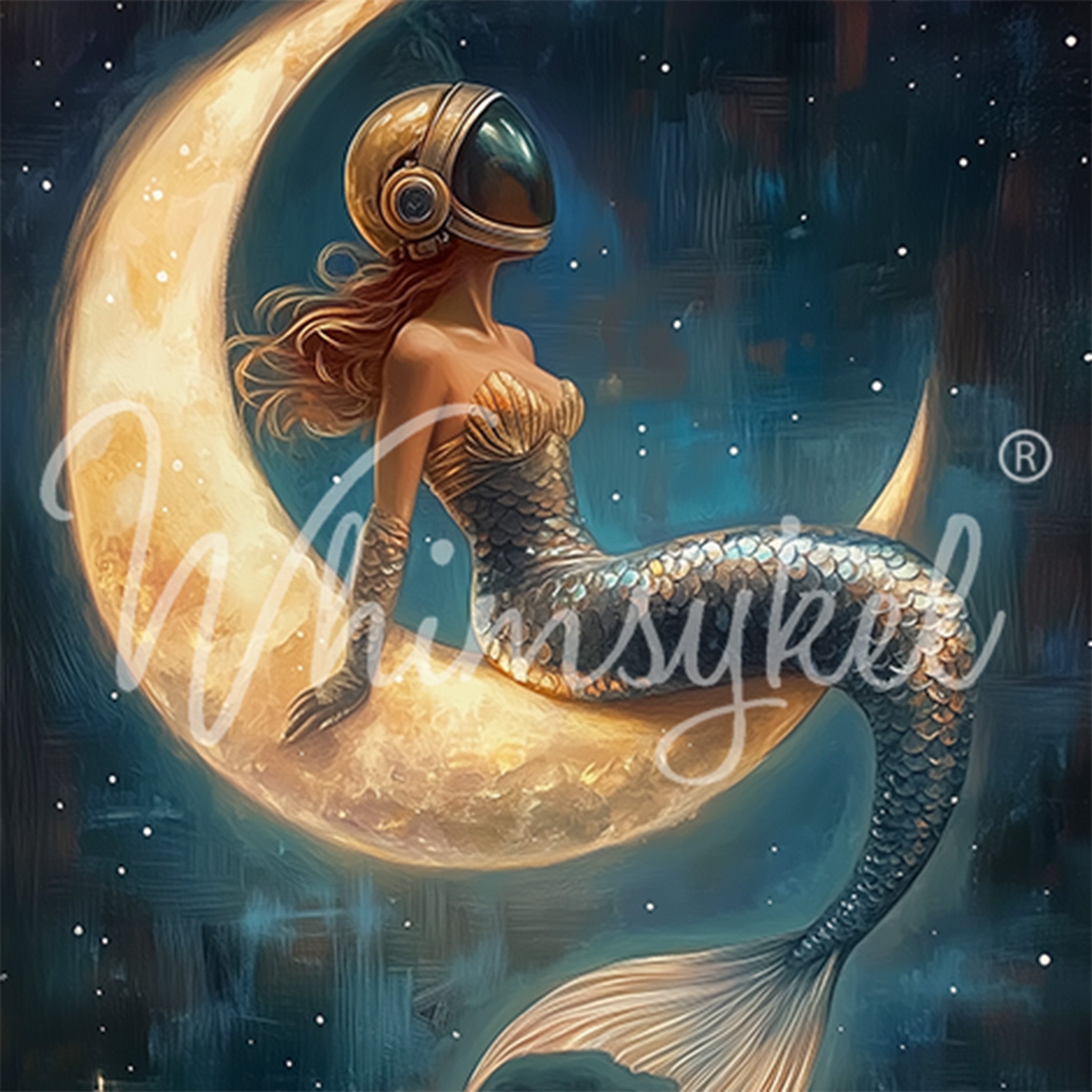 Close-up of a tissue paper design featuring a female mermaid sitting on a crescent moon against a dark sea and sky, sporting a vintage astronaut helmet.