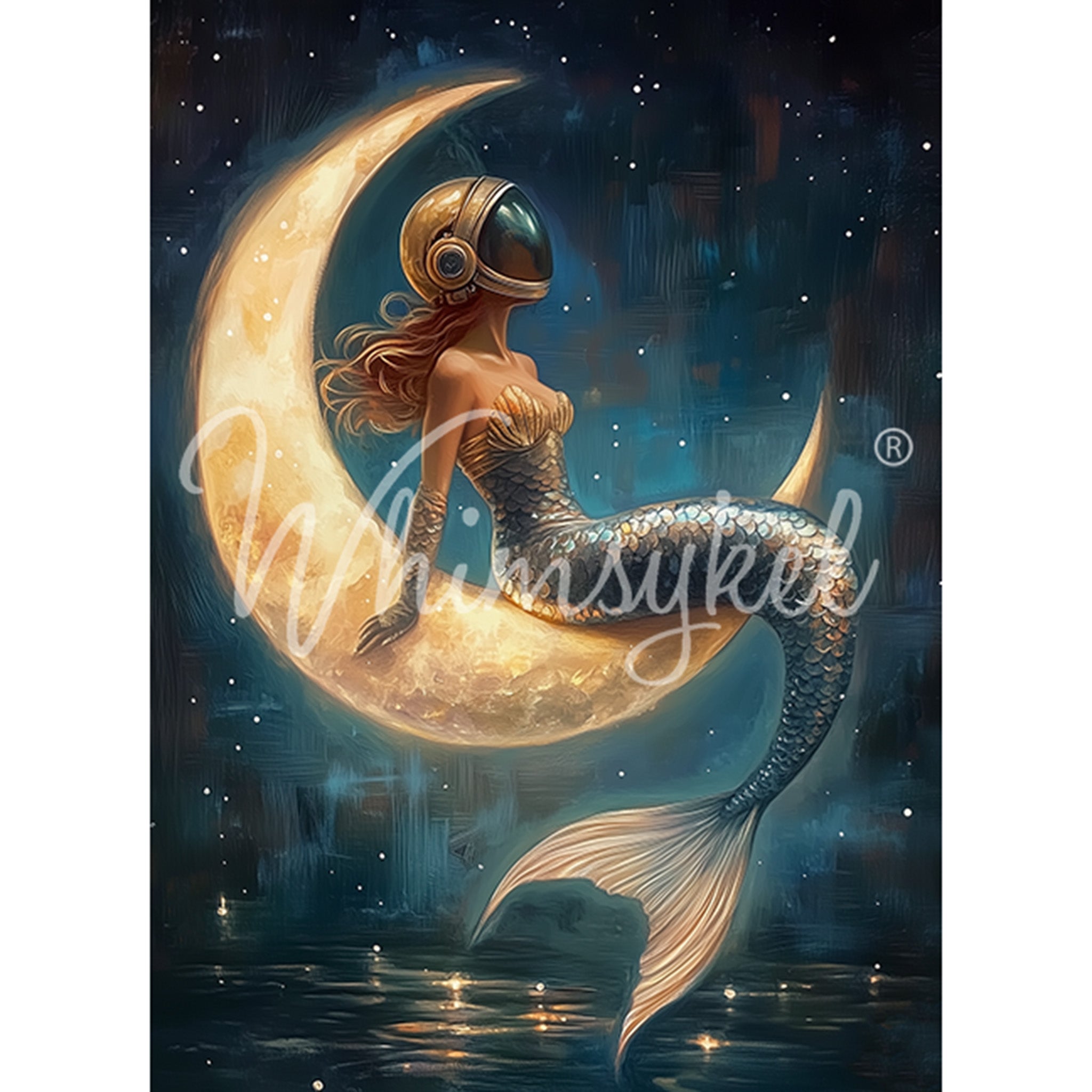 Tissue paper design featuring a female mermaid sitting on a crescent moon against a dark sea and sky, sporting a vintage astronaut helmet is against a white background.