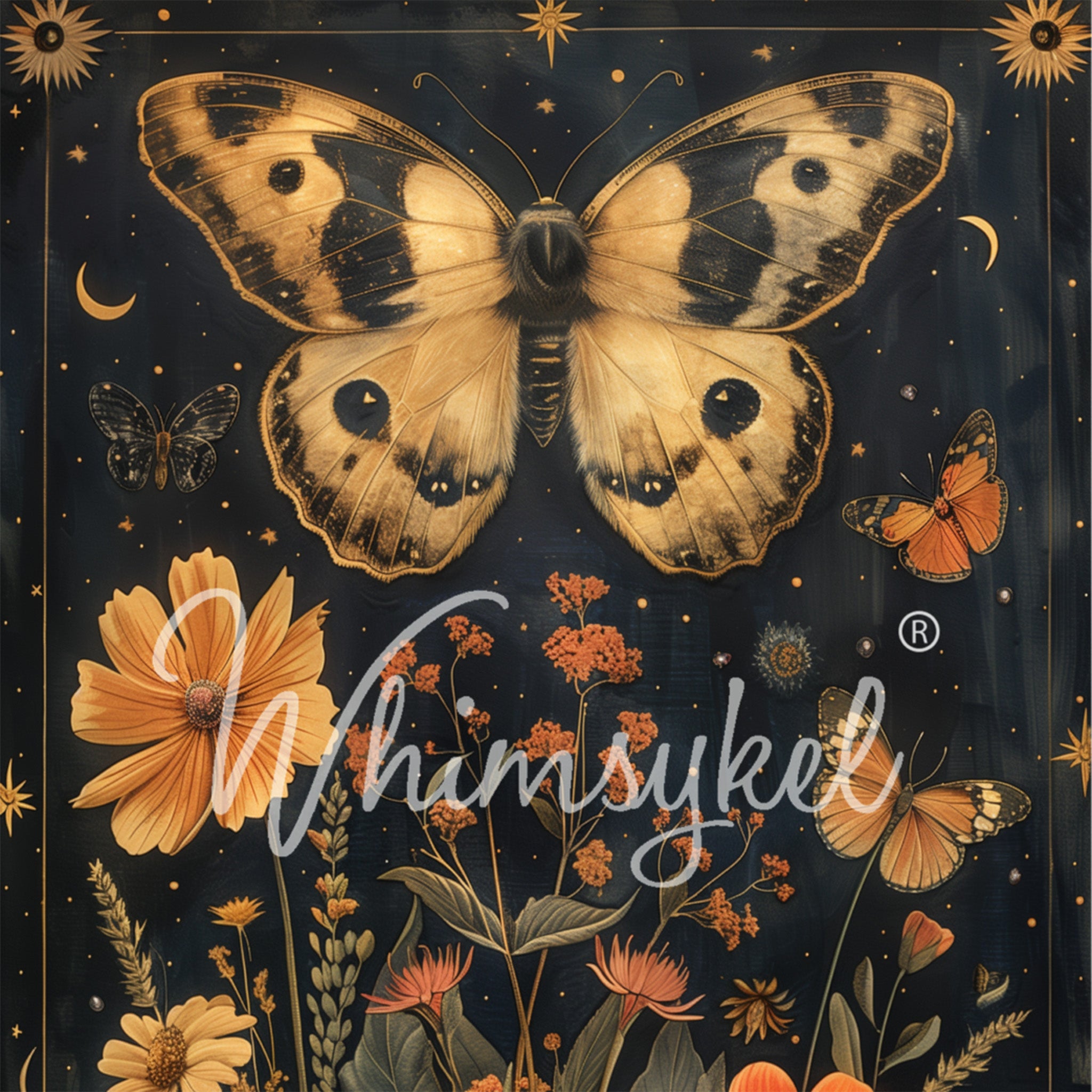 Close-up of a tissue paper design that features a deep blue background adorned with moons and stars, a creamy yellow moth, and delicate yellow and rust flowers with smaller butterflies.