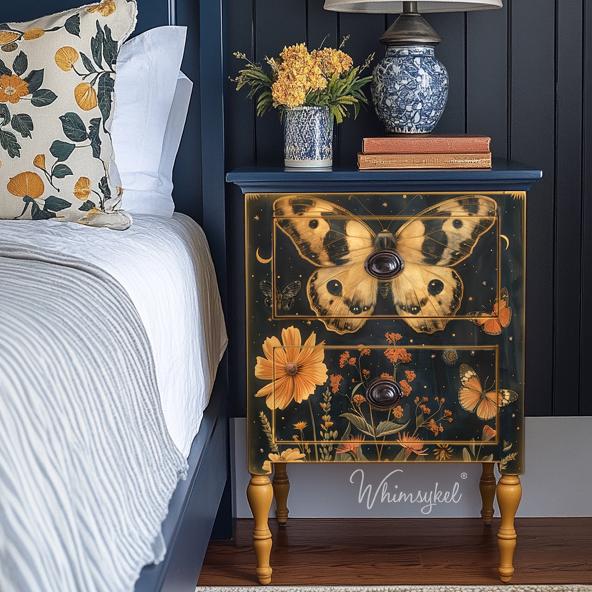 A black 2 drawer dresser with florals and moths across the front. Below is white lettering it reads Whimsykel.