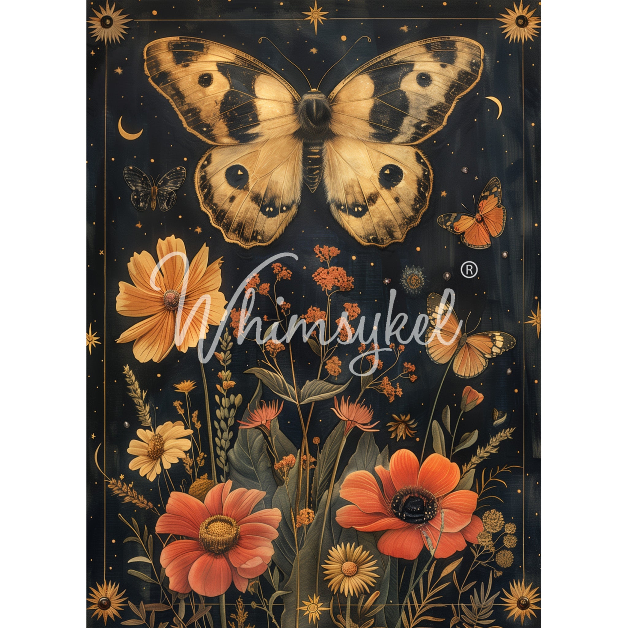 Tissue paper design that features a deep blue background adorned with moons and stars, a creamy yellow moth, and delicate yellow and rust flowers with smaller butterflies is against a white background.