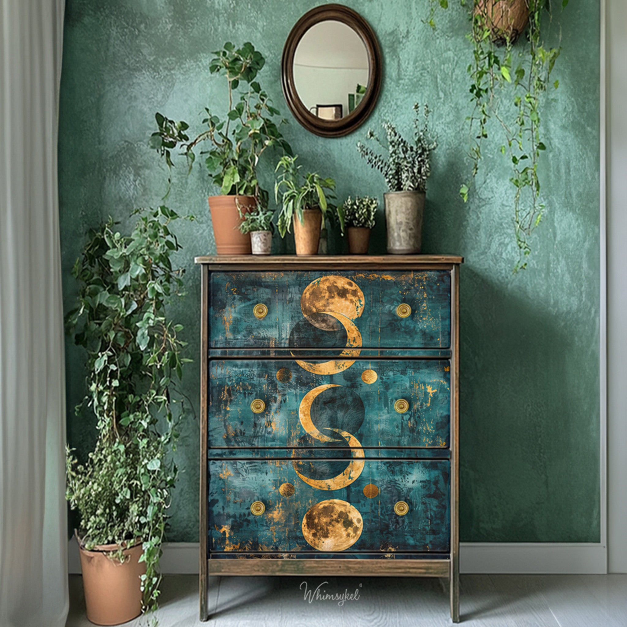 A 3-drawer dresser features Whimsykel's Moonlit Harmony tissue paper on the front.