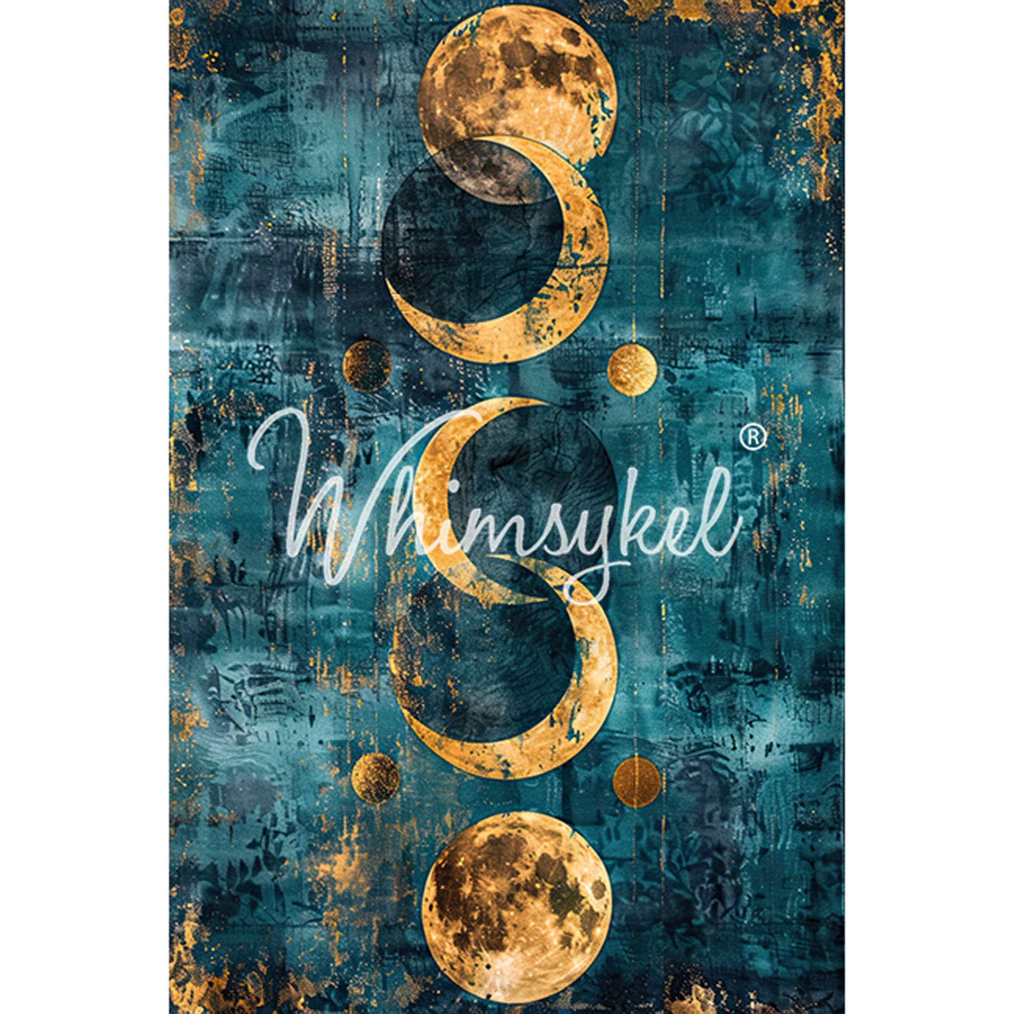 Tissue paper design that features  a captivating painting that depicts the serene and mystical journey of the moon through some of its phases. White borders are on the sides.