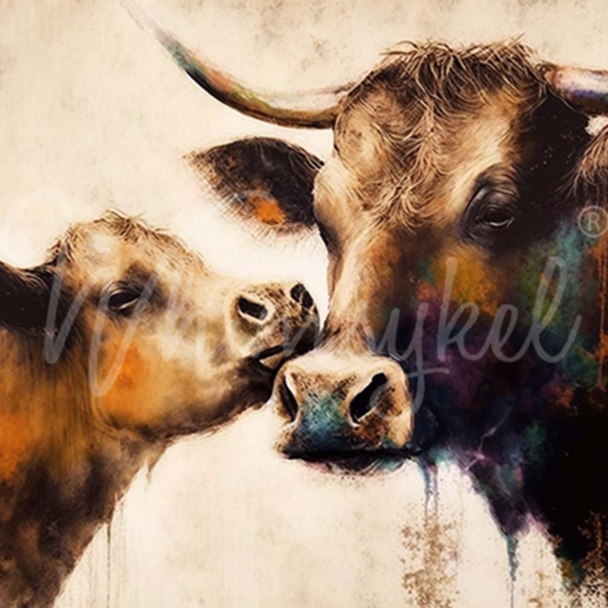 Close-up of a tissue paper design that features a painting capturing the bond between a calf and cow.