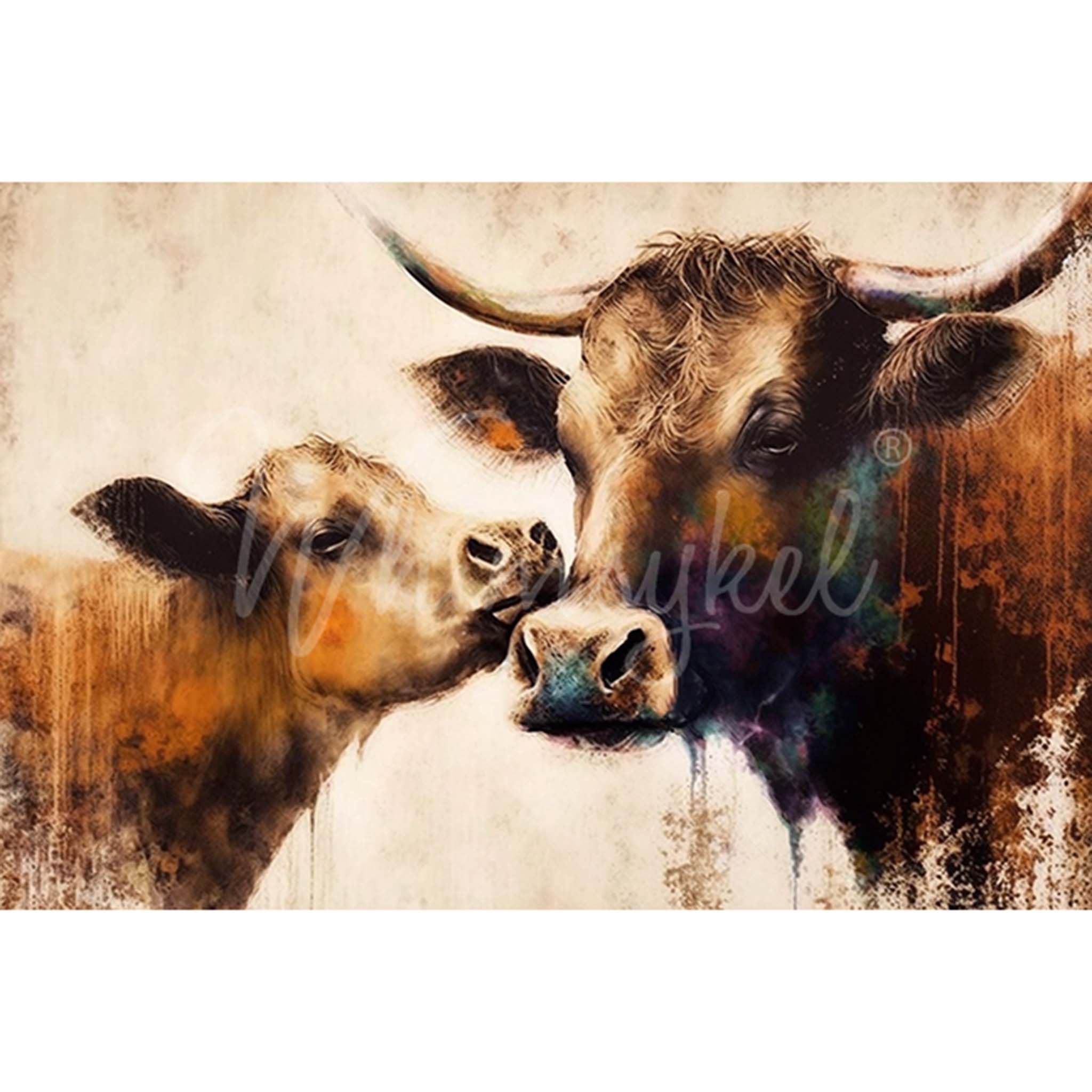 Tissue paper design that features a painting capturing the bond between a calf and cow. White borders are on the top and bottom.