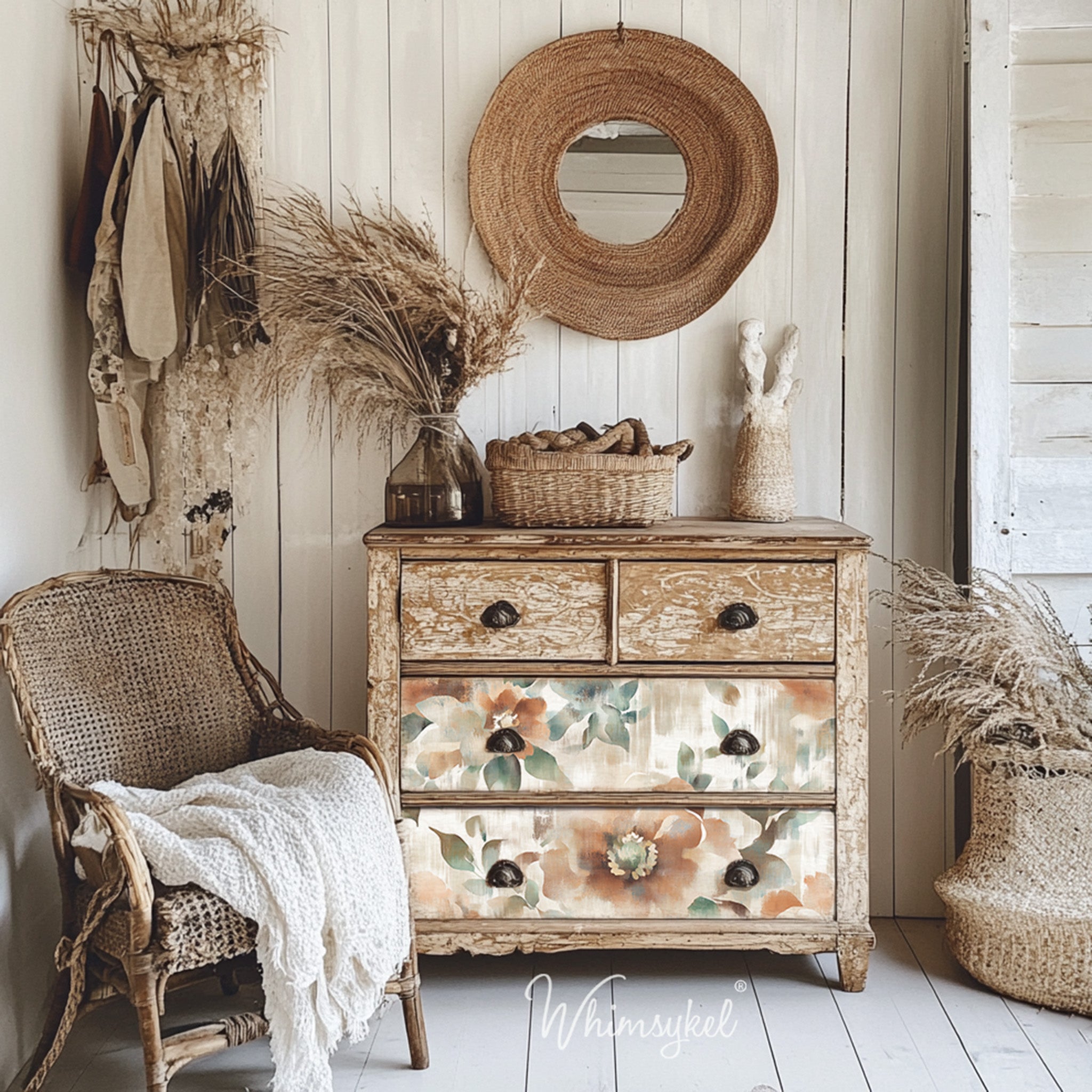 A vintage 4-drawer dresser has natural wood with weathered white paint and features Whimsykel's Muted Blossoms tissue paper on the bottom 2 drawers.