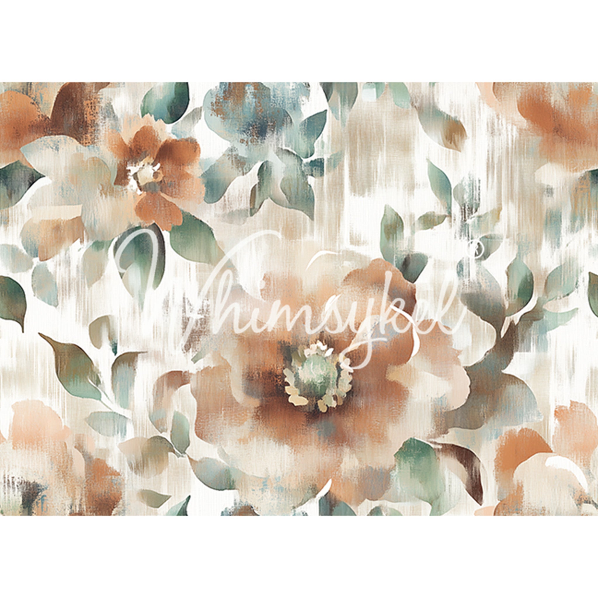 Tissue paper design featuring gentle brush strokes of soft beige and rust colored flowers with greenery. White borders are on the top and bottom.