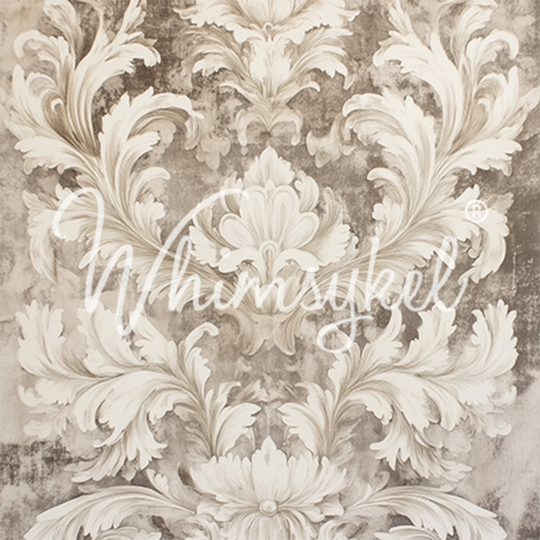 Close-up of a tissue paper featuring a creamy baroque flourish pattern on a distressed beige background.