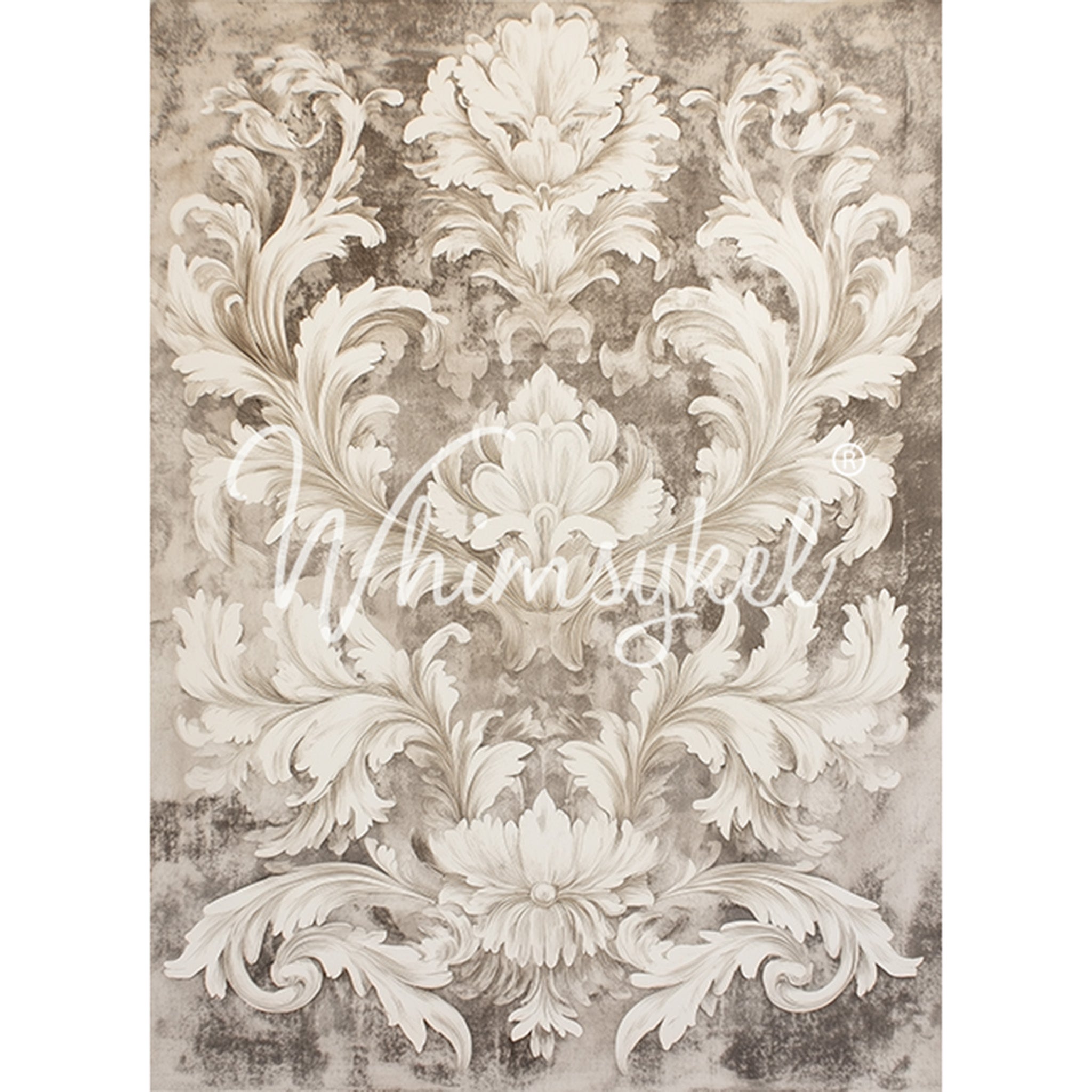 Tissue paper featuring a creamy baroque flourish pattern on a distressed beige background. White borders are on the sides.