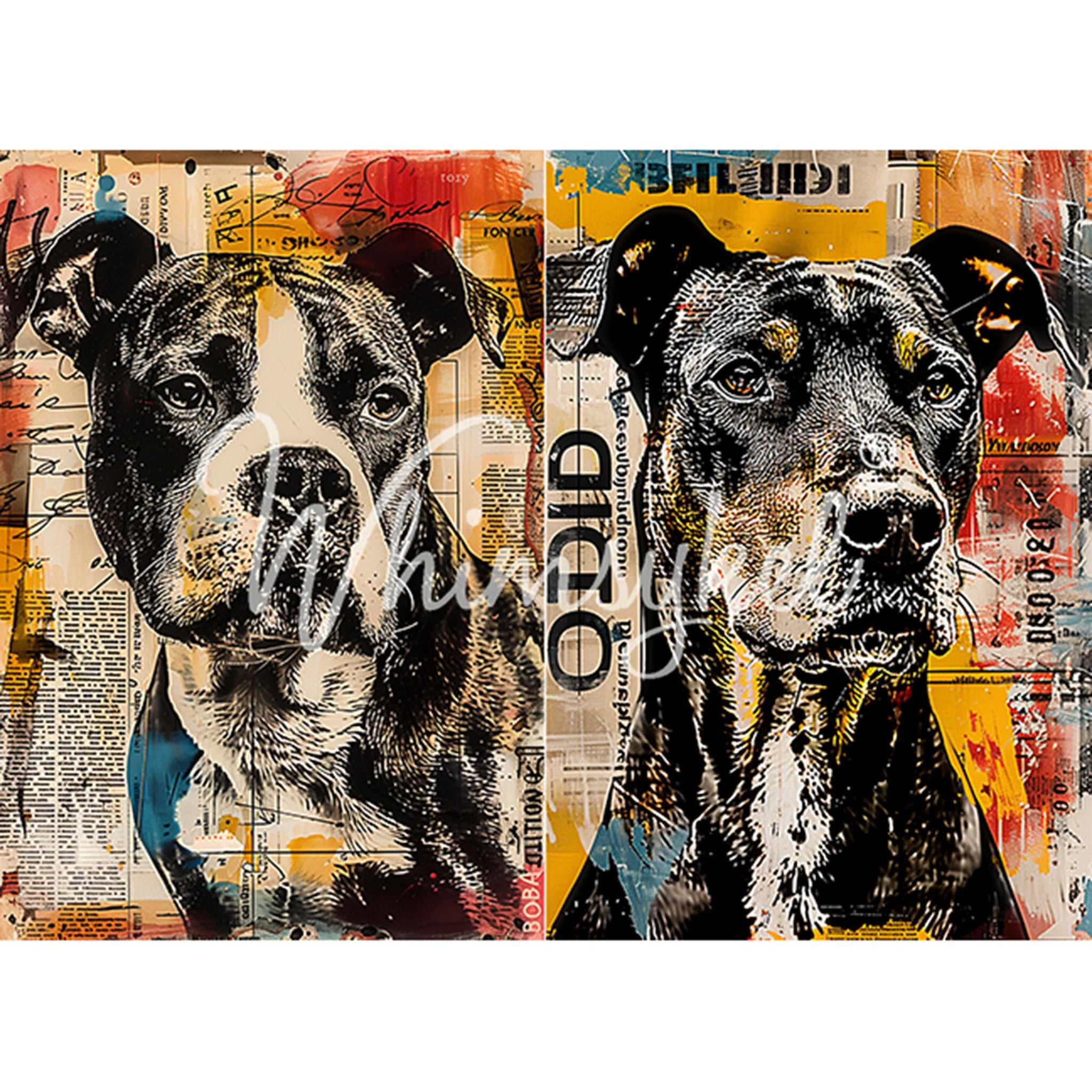 Tissue paper featuring 2 portraits of dogs against colorful blue, red, and orange newsprint. White borders are on the top and bottom.