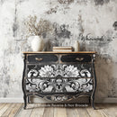 Furniture upcycled with Whimsykel Noir Brocade Decoupage Paper – symmetrical floral design on black dresser