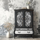 Whimsykel Noir Brocade Decoupage Paper used on cabinet – baroque floral motif in black and white