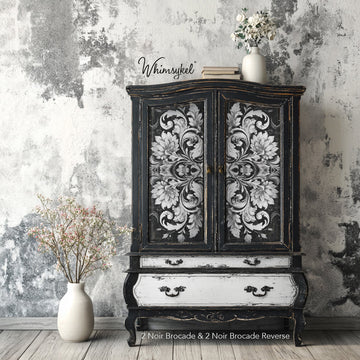 Whimsykel Noir Brocade Decoupage Paper used on cabinet – baroque floral motif in black and white