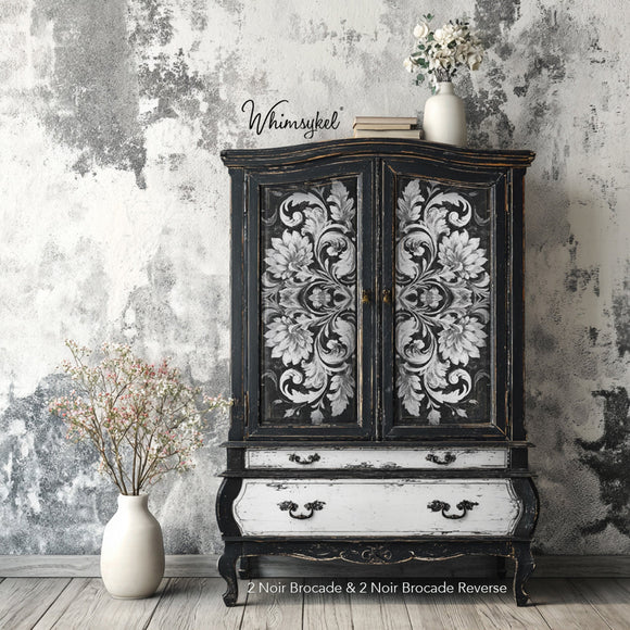 Whimsykel Noir Brocade Decoupage Paper used on cabinet – baroque floral motif in black and white