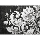 Whimsykel Noir Brocade Decoupage Paper – Left Sheet, ornate floral scroll design on black background