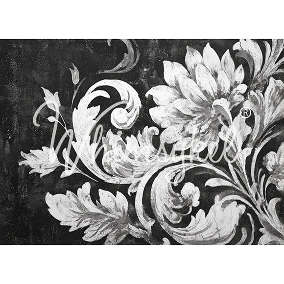 Whimsykel Noir Brocade Decoupage Paper – Left Sheet, ornate floral scroll design on black background