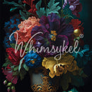 Close-up of a tissue paper design featuring deep gem-tone colored flowers in a vase with ornate golden scroll flourishes on it. 