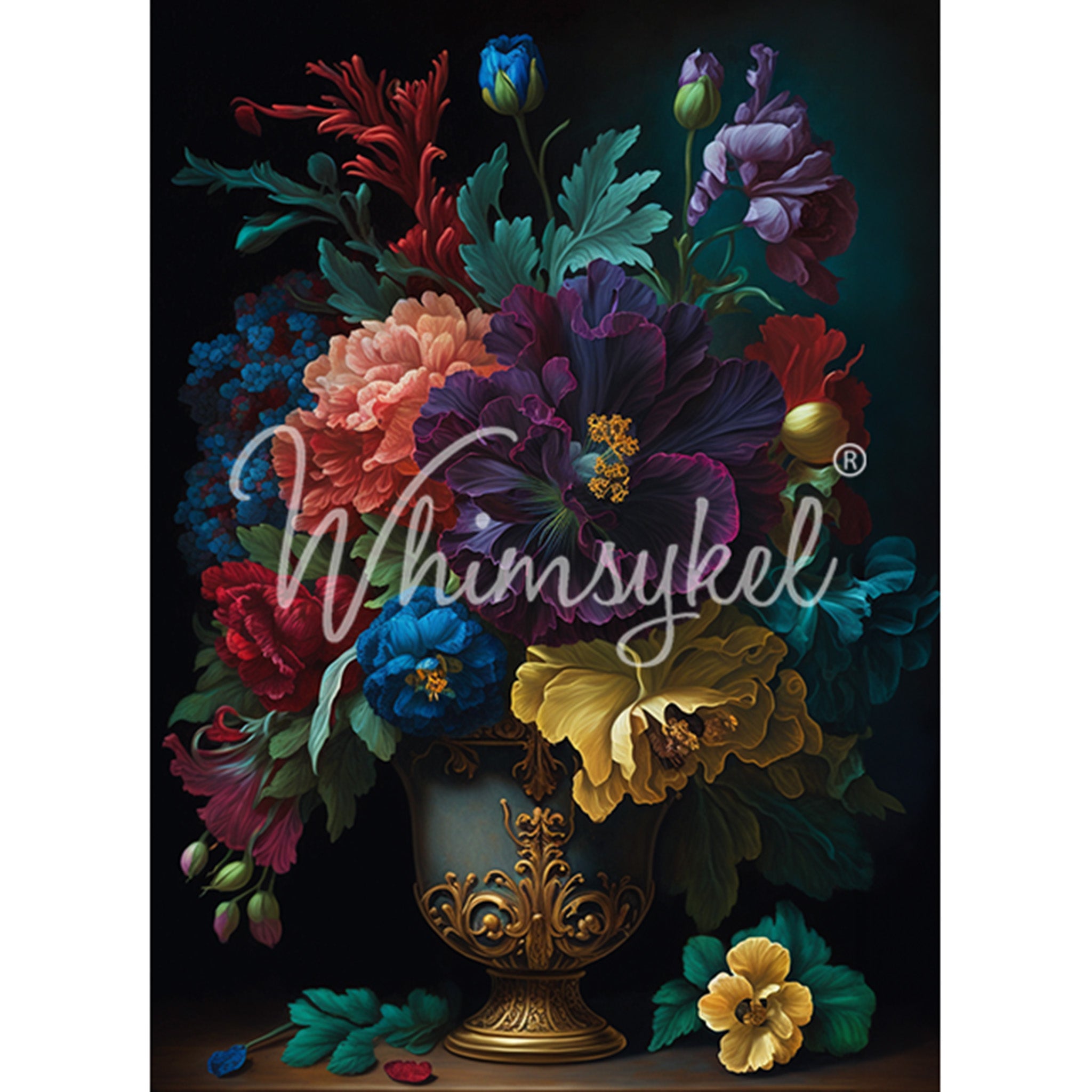 Tissue paper design featuring deep gem-tone colored flowers in a vase with ornate golden scroll flourishes on it. White borders are on the sides.