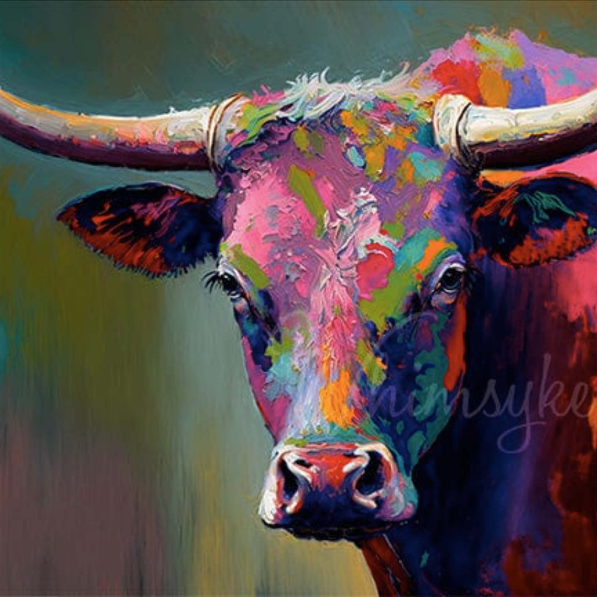 Close-up of a tissue paper design that features a whimsical colorful oil painting of a Longhorn bull.