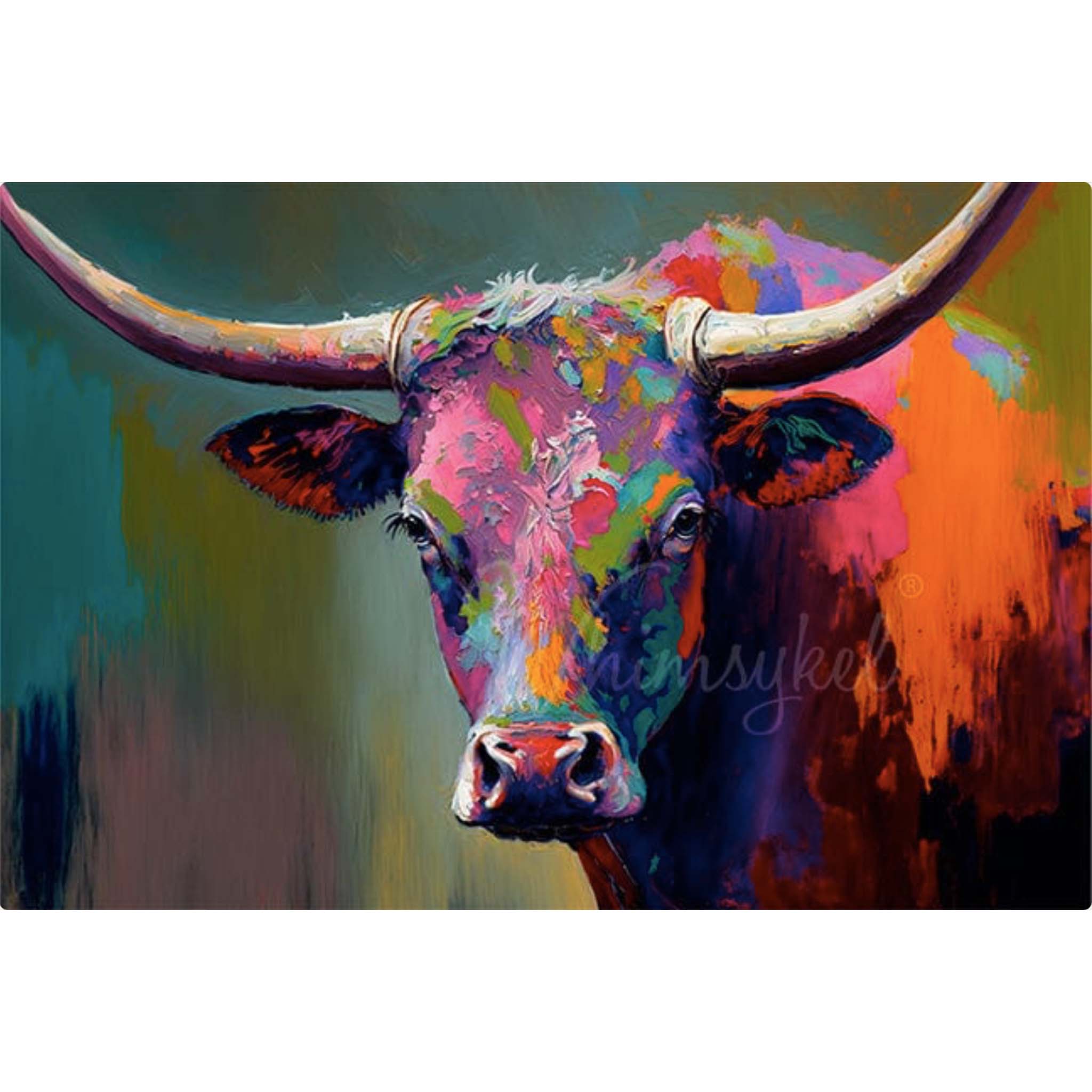 Tissue paper design that features a whimsical colorful oil painting of a Longhorn bull. White borders are on the top and bottom.
