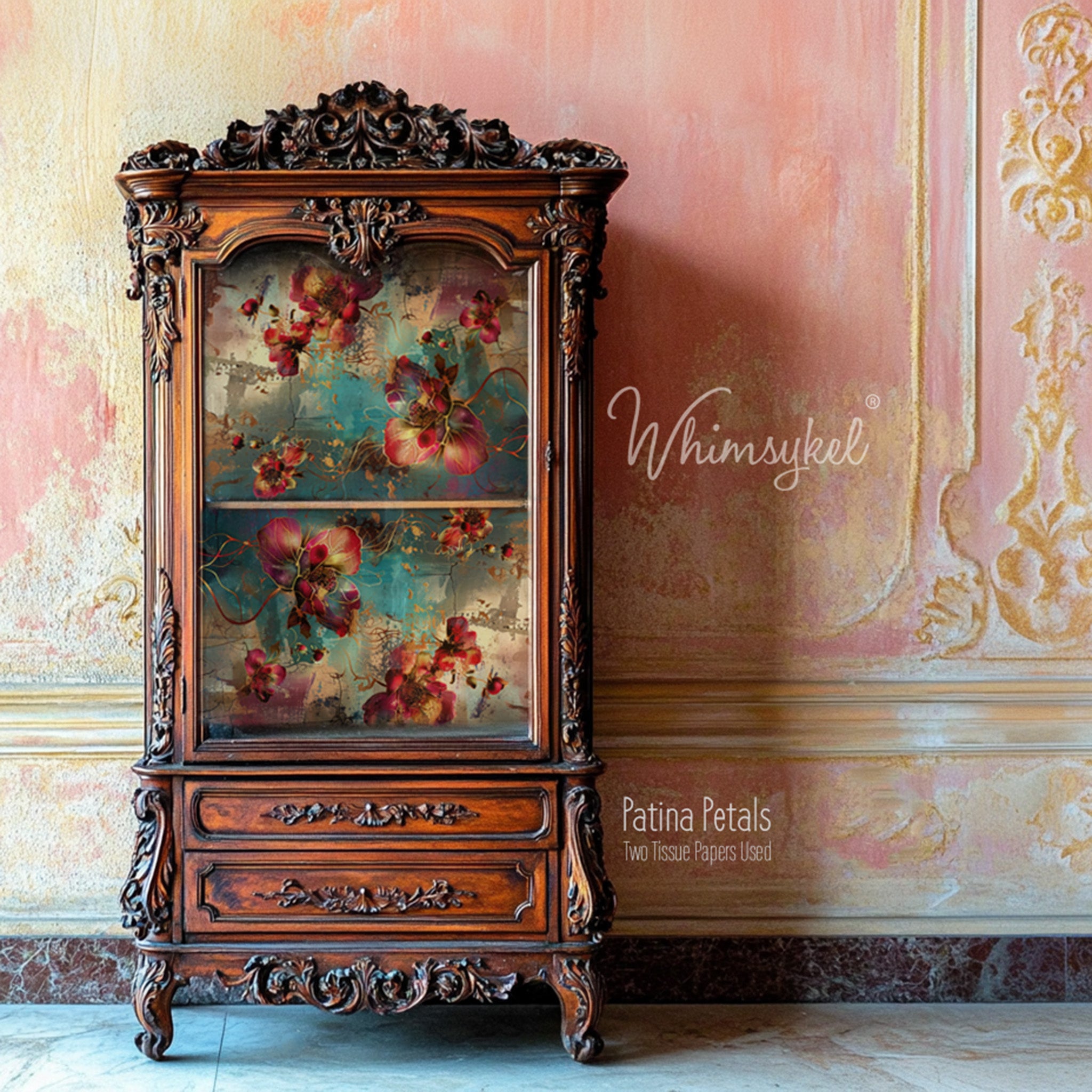 A vintage wardrobe armoire is stained a dark wood color and features Whimsykel's Patina Petals tissue paper on the front door.